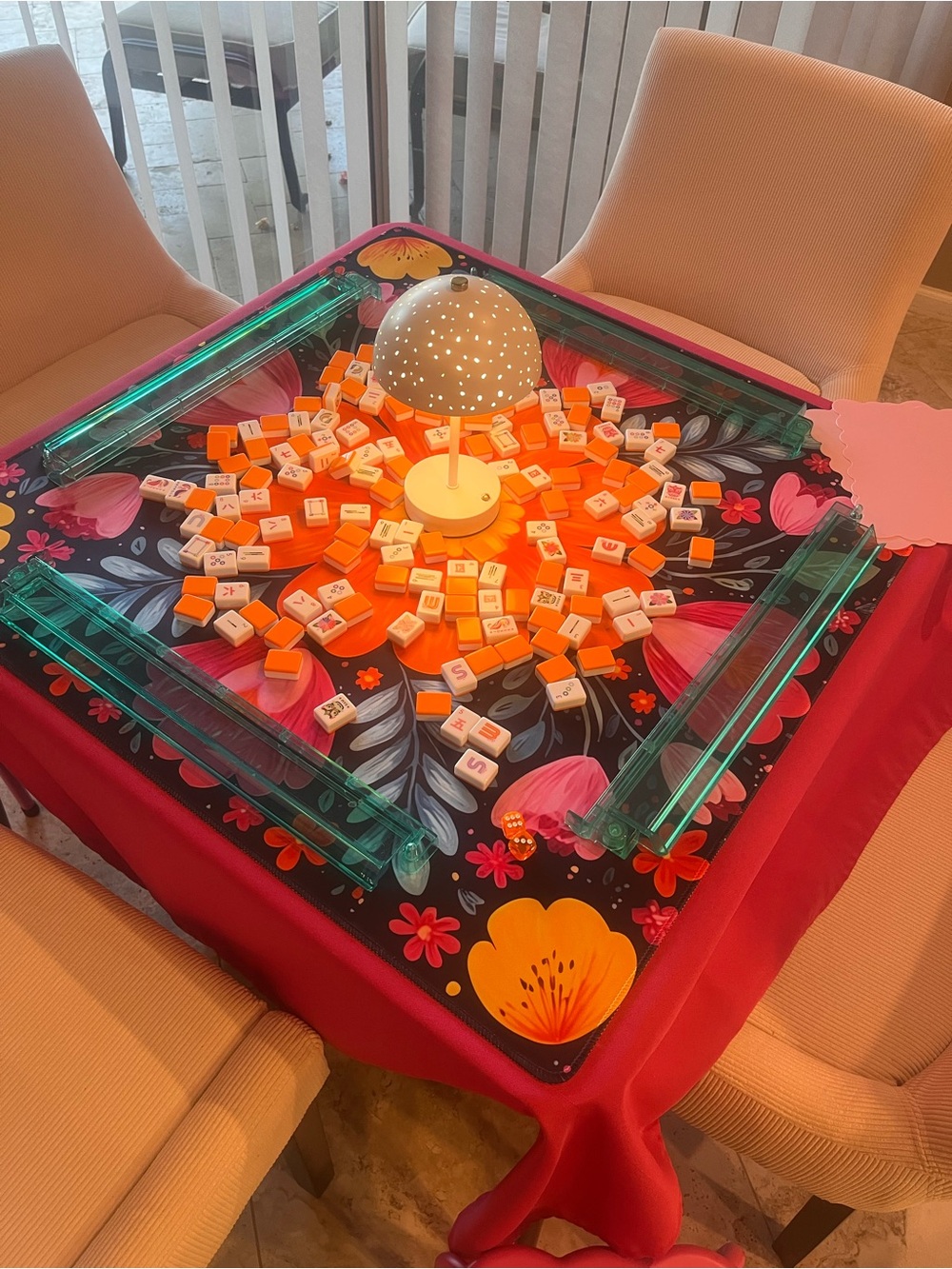 Mahjong Co. Paradise Tiles, Racks, Bag, Dice, Shufflers, Lamp, & Matching Mat